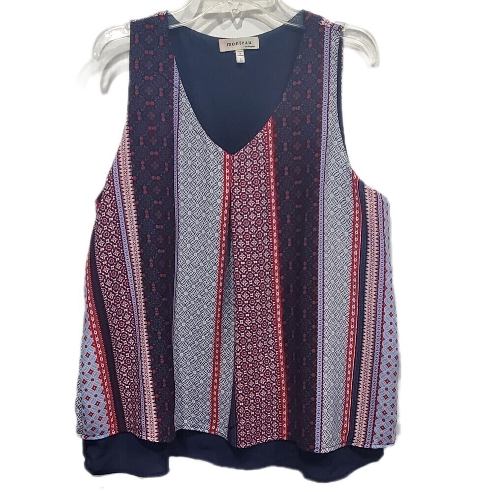 Monteau Multi Patterned Striped Layered Sleeveless Boho Top, L